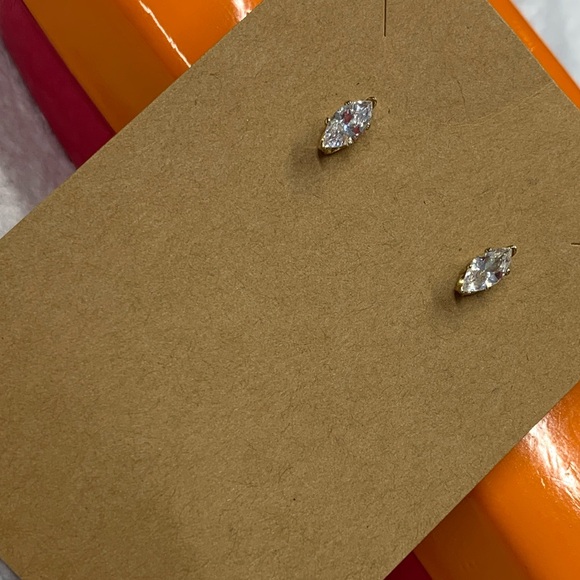 Dainty Gold Tone Marquise Cut CZ Post Earrings - Picture 2 of 7